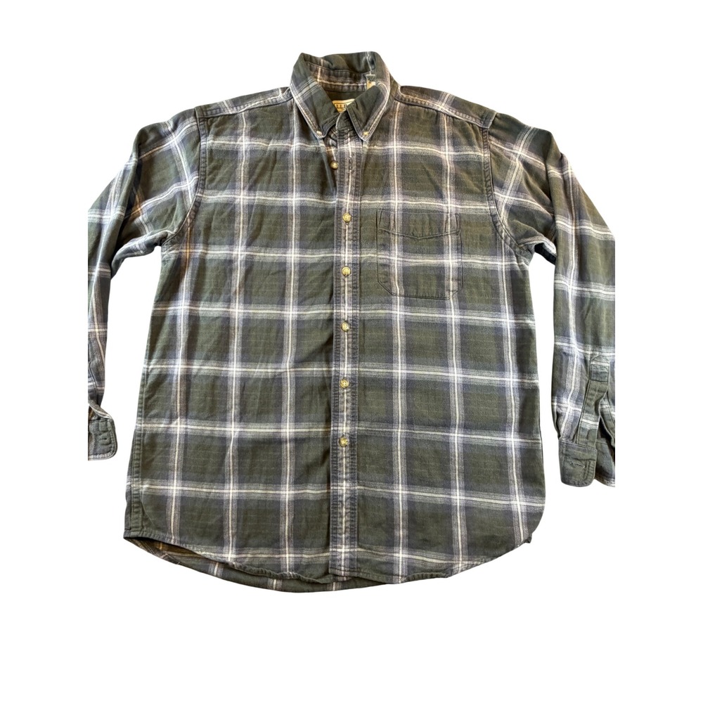 LL Bean Mens Plaid Flannel Shirt Green Grey Cotton Button Down Size M OMT30